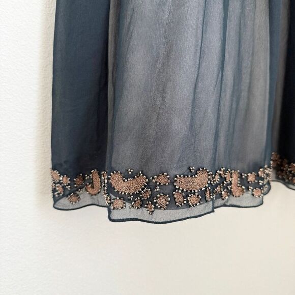 Adrianna Papell Navy Silk Pleated Babydoll Beaded Whimsigoth Grunge Prom Gown 6 - Picture 3 of 13